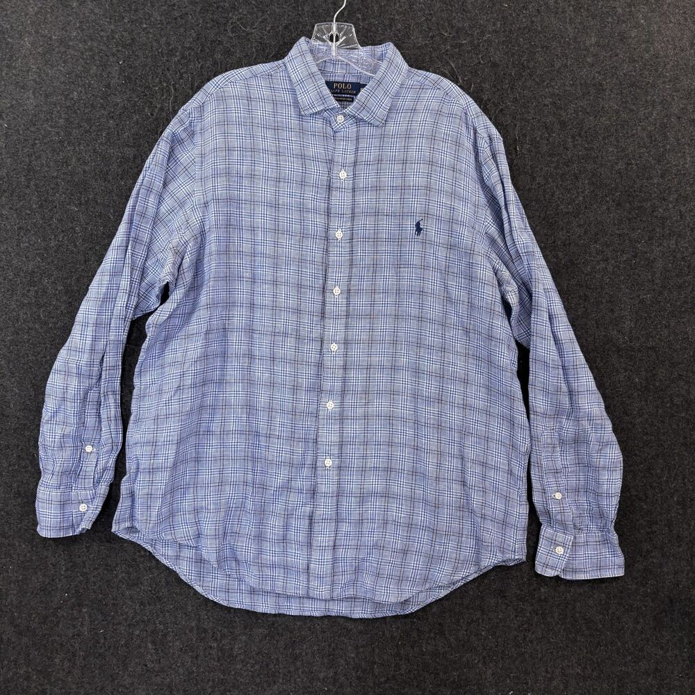 Polo Ralph Lauren Ocean Wash Linen Shirt Men's XL Blue Check Button Down Preppy